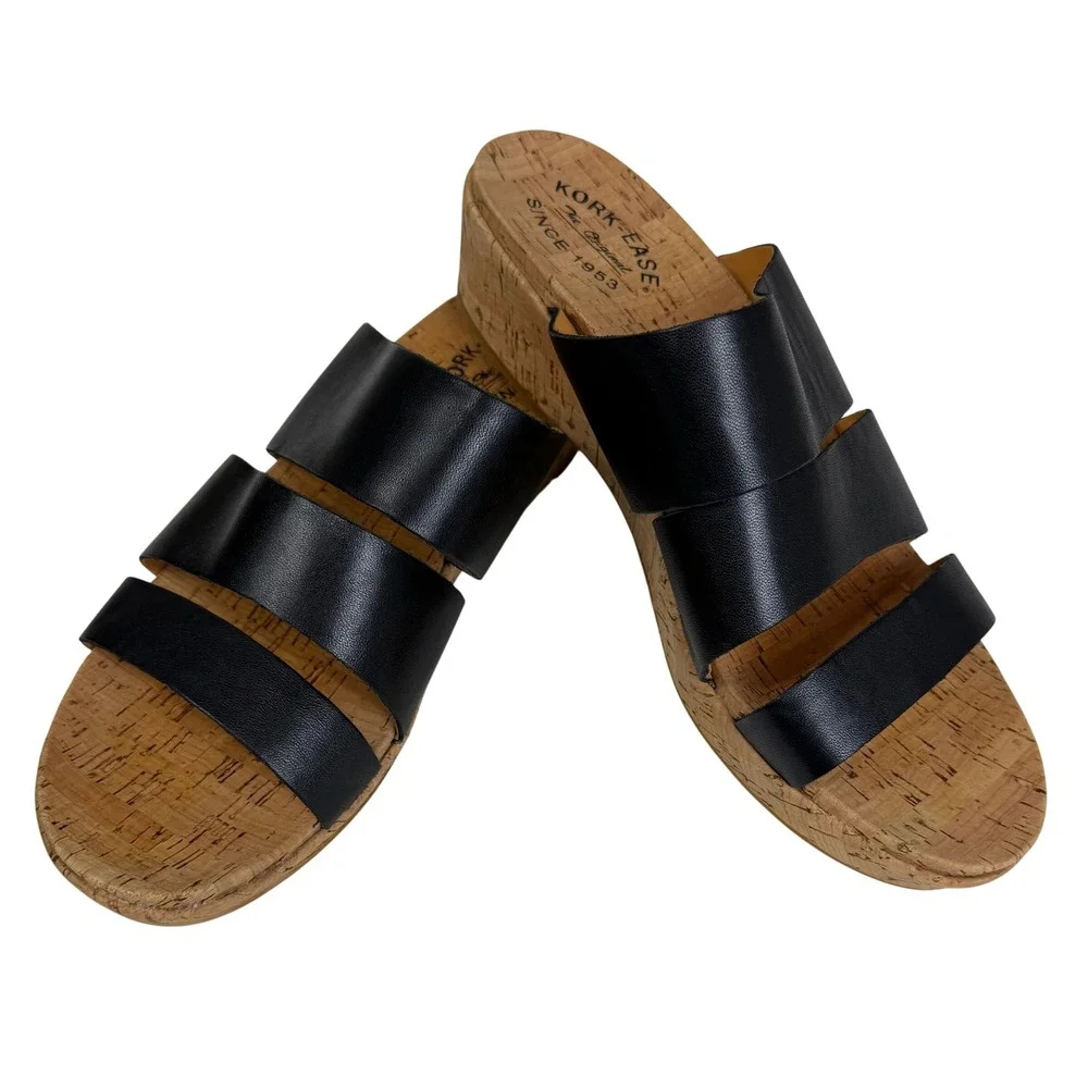 Kork-Ease Menzie Black Leather Cork Wedge Slide Sandals Womens Size 11 Comfort